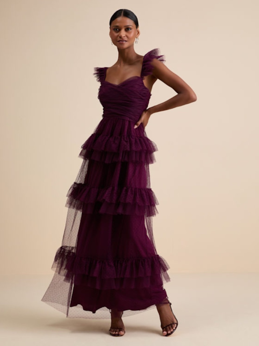 Lulus Pure Radiance Plum Purple Mesh Swiss Dot Tiered Maxi Dress - Size M